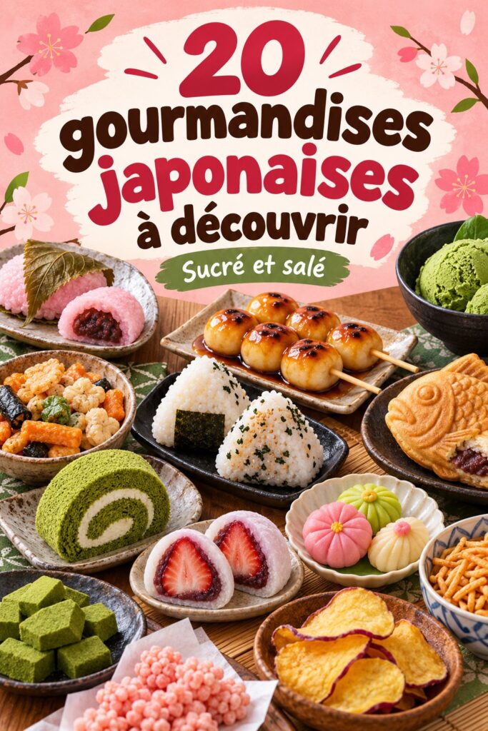 Assortiment de snacks japonais sucrés et salés sur une table, mettant en avant la gastronomie japonaise.