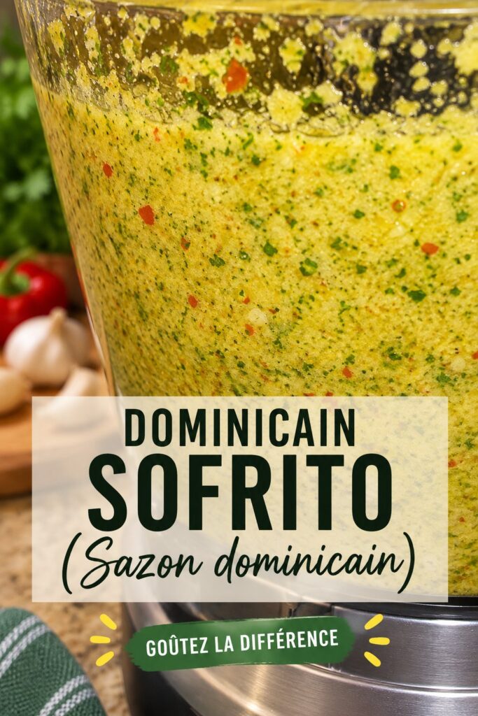 Sofrito dominicain coloré dans un bol, épices et ingrédients autour.