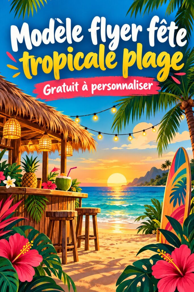 Soirée plage tropicale décorée avec des lumières et des palmiers