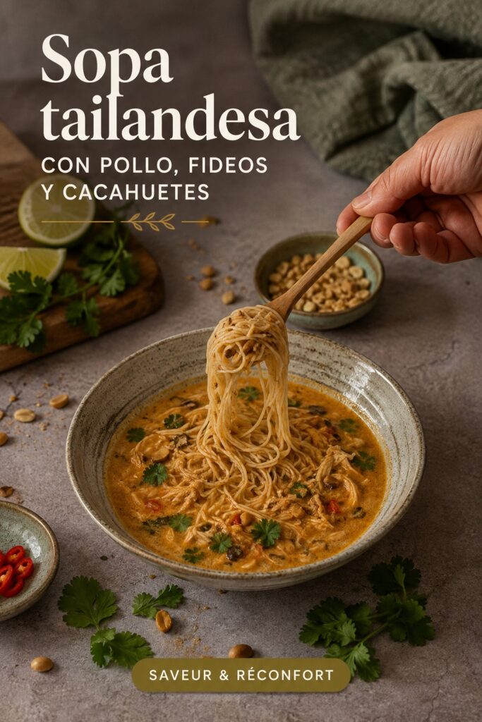 Bolle de sopa thaïlandaise au poulet et cacahuètes avec des herbes fraîches