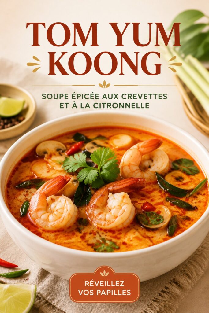 Soupe Tom Yum Koong avec crevettes, citronnelle et épices, typique de la cuisine thaïlandaise