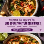 Bol de soupe Tom Yum garnie de crevettes et d'herbes fraîches, représentant un plat thaïlandais emblématique.