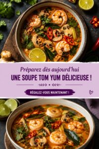 Bol de soupe Tom Yum garnie de crevettes et d'herbes fraîches, représentant un plat thaïlandais emblématique.