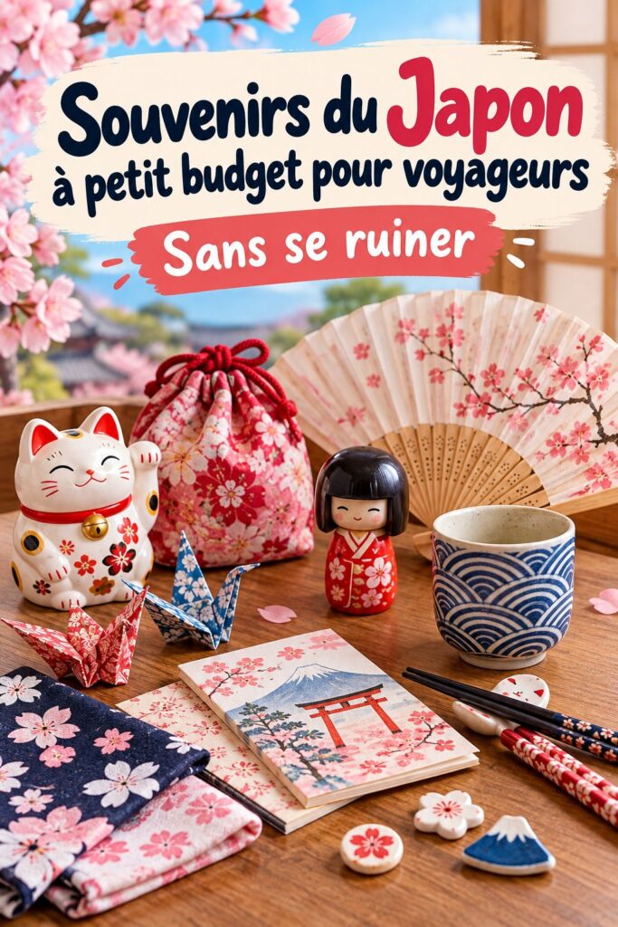 Collection de souvenirs japonais abordables, incluant des porte-clés et des kokeshi