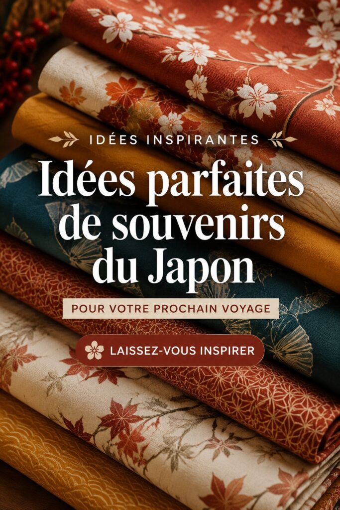 Souvenirs uniques du Japon, incluant des kimonos et des figurines maneki-neko sur une table.