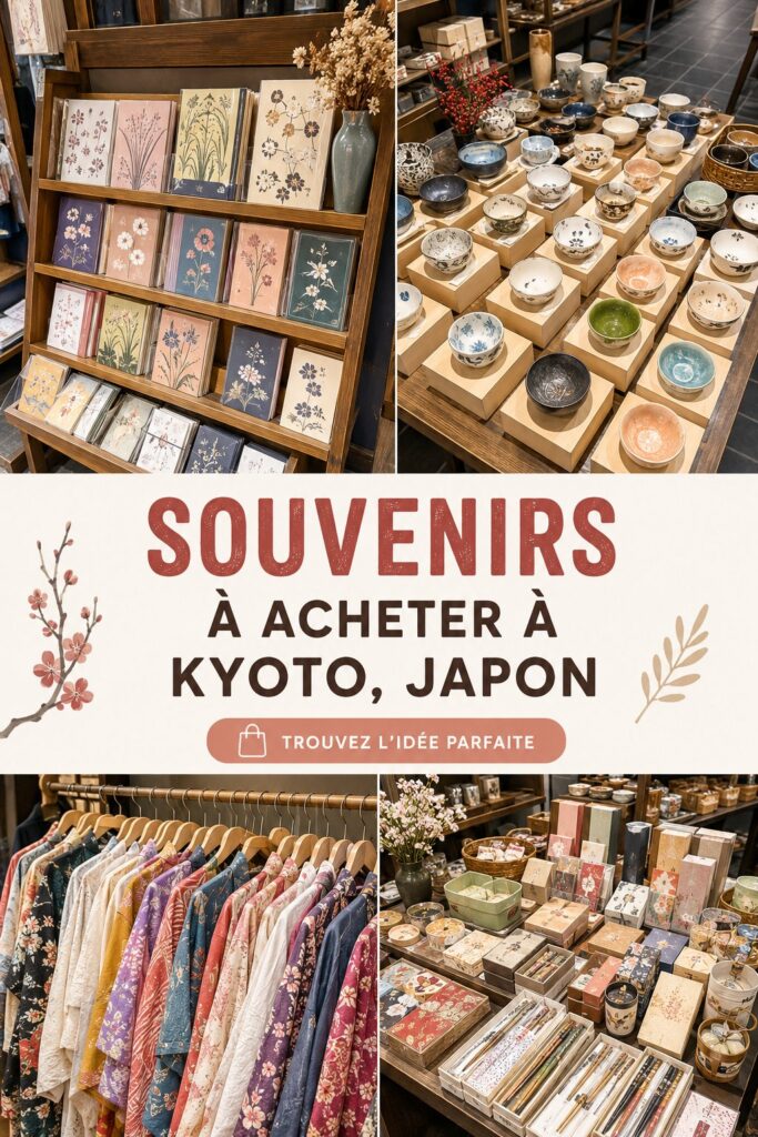 Visite d'un marché à Kyoto avec des souvenirs artisanaux en exposition.
