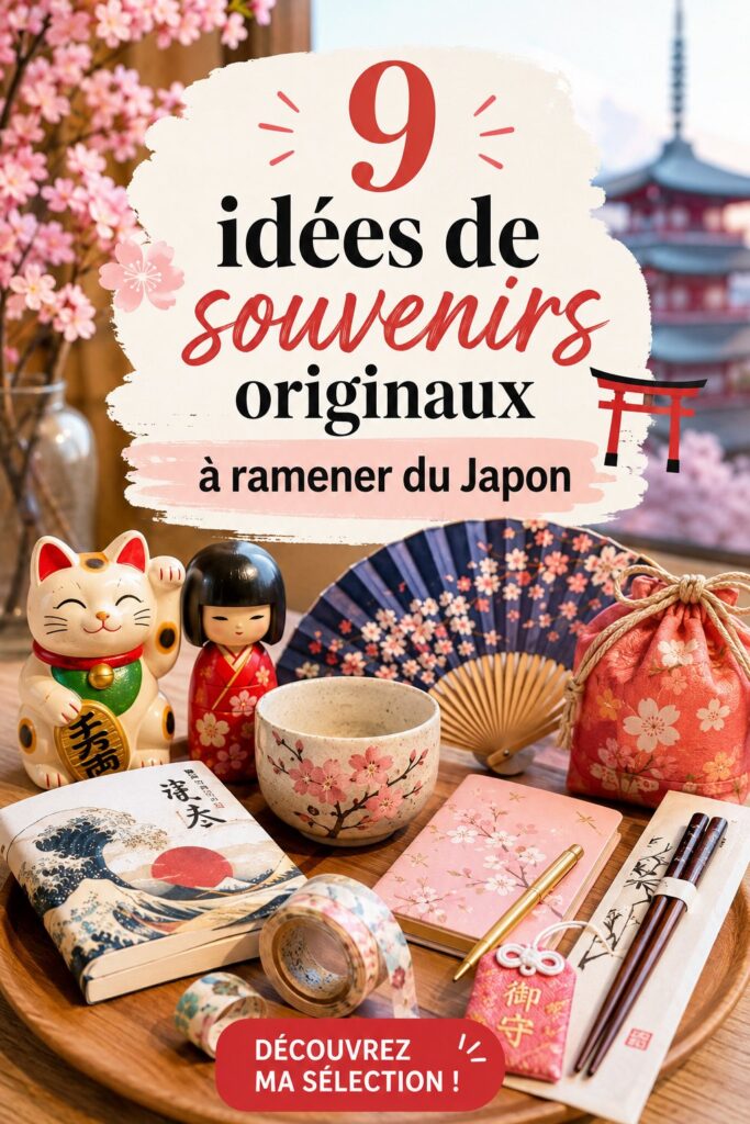 Souvenirs typiques japonais réunis sur une table, incluant des objets artisanaux