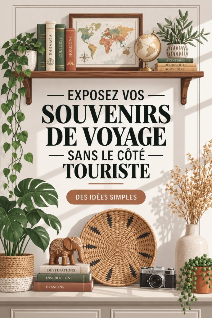 Un salon chic avec des souvenirs de voyage bien exposés