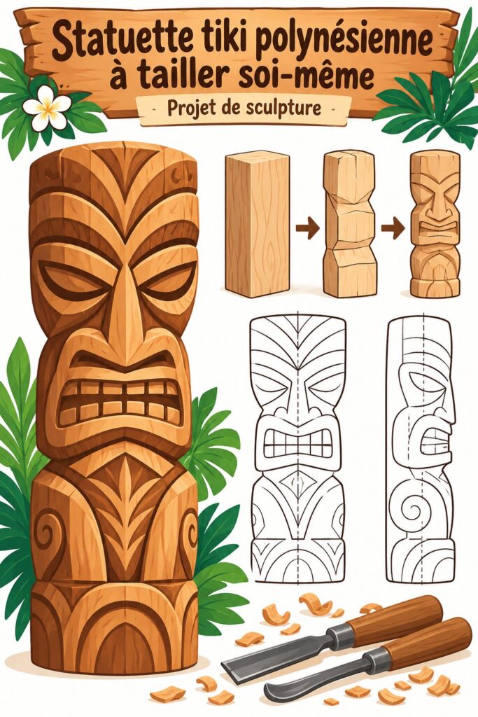 Statue tiki hawaïenne en bois sculpté dans un cadre de décoration intérieure.