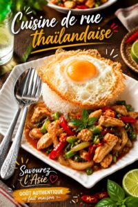 Plats de street food thaïlandaise présentant des couleurs vives et des ingrédients frais.