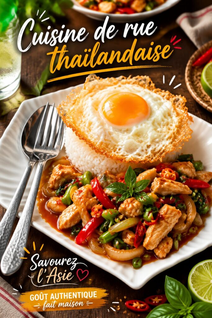 Plats de street food thaïlandaise présentant des couleurs vives et des ingrédients frais.