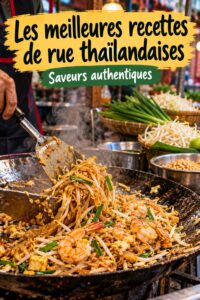 Des plats de street food thaïlandais variés présentés sur un marché de nuit en Thaïlande.