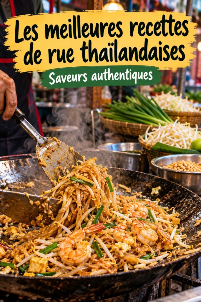 Des plats de street food thaïlandais variés présentés sur un marché de nuit en Thaïlande.