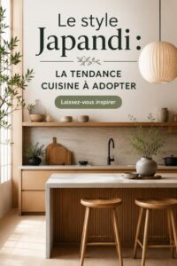 Cuisine au style Japandi, mélange de minimalisme et chaleur, avec des matériaux naturels.
