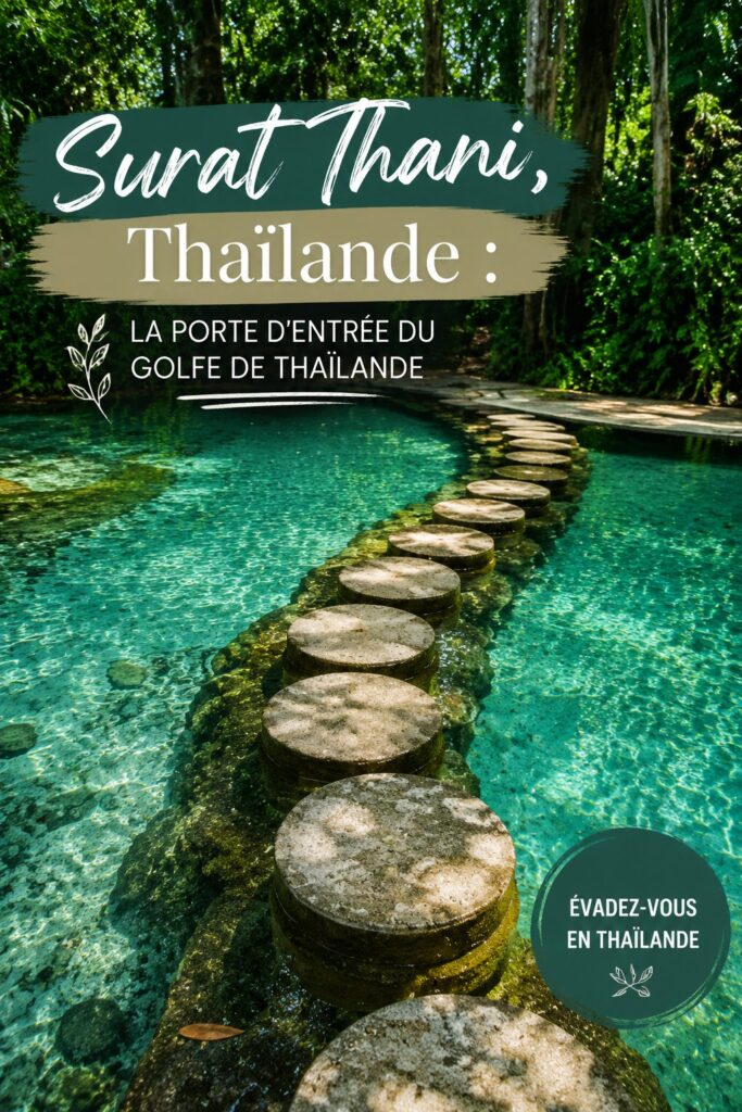 Vue panoramique sur Surat Thani, avec ses rivières et collines verdoyantes, illustrant l'atmosphère tranquille de la ville.