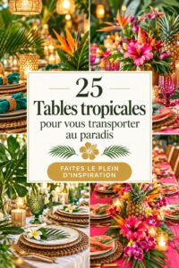 Table décorée dans un style tropical avec des fleurs colorées et des accessoires naturels.