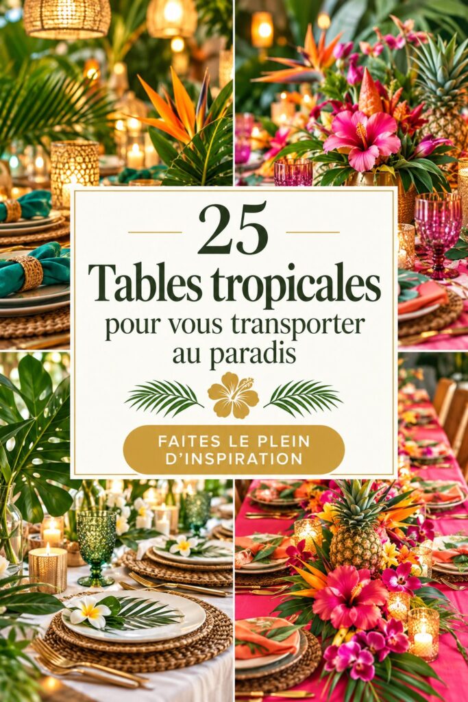 Table décorée dans un style tropical avec des fleurs colorées et des accessoires naturels.