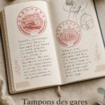Tampons de Gare d'Osaka Eki et Taisho Eki affichés sur une table.