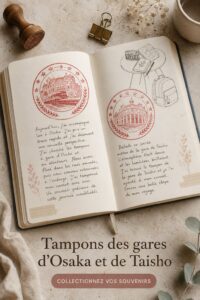 Tampons de Gare d'Osaka Eki et Taisho Eki affichés sur une table.