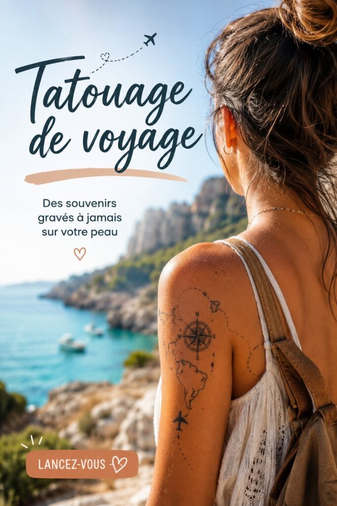 Un magnifique tatouage de voyage représentant une boussole et des paysages