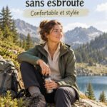 Femme en tenue de randonnée élégante avec un paysage de montagne en fond, prête pour l'aventure en Croatie.