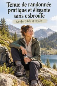 Femme en tenue de randonnée élégante avec un paysage de montagne en fond, prête pour l'aventure en Croatie.