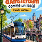 Une vue d'un tramway typique d'Amsterdam dans une rue animée, transportant des voyageurs.