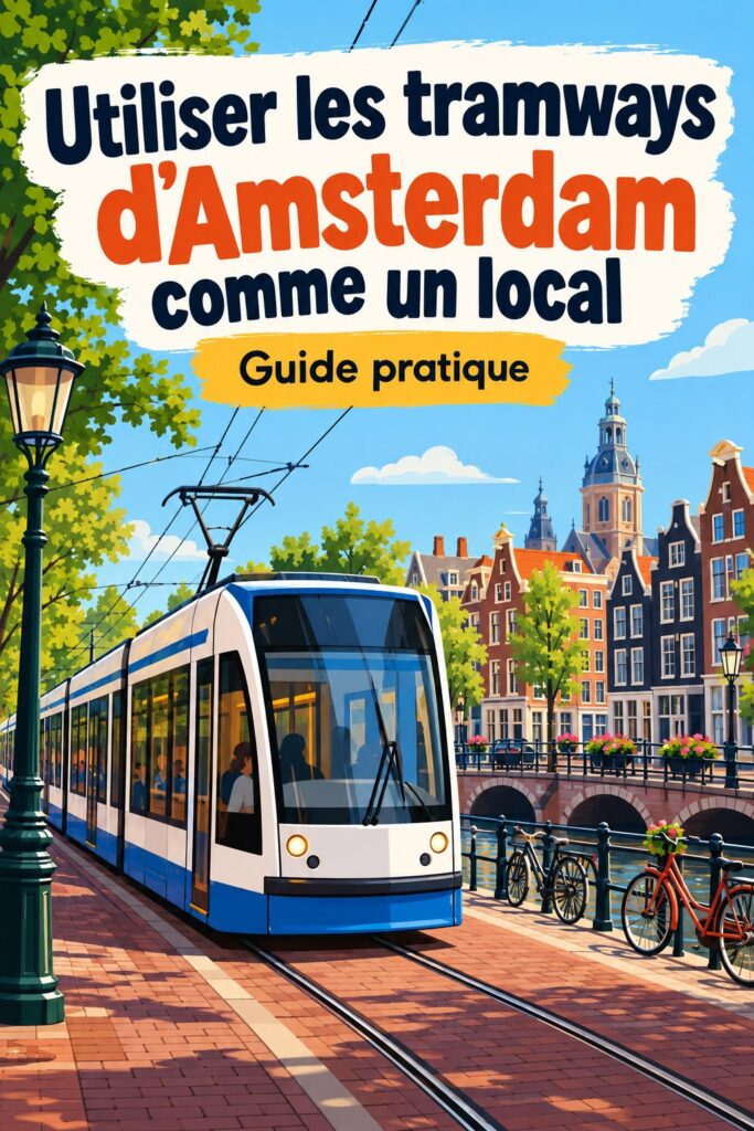 Une vue d'un tramway typique d'Amsterdam dans une rue animée, transportant des voyageurs.