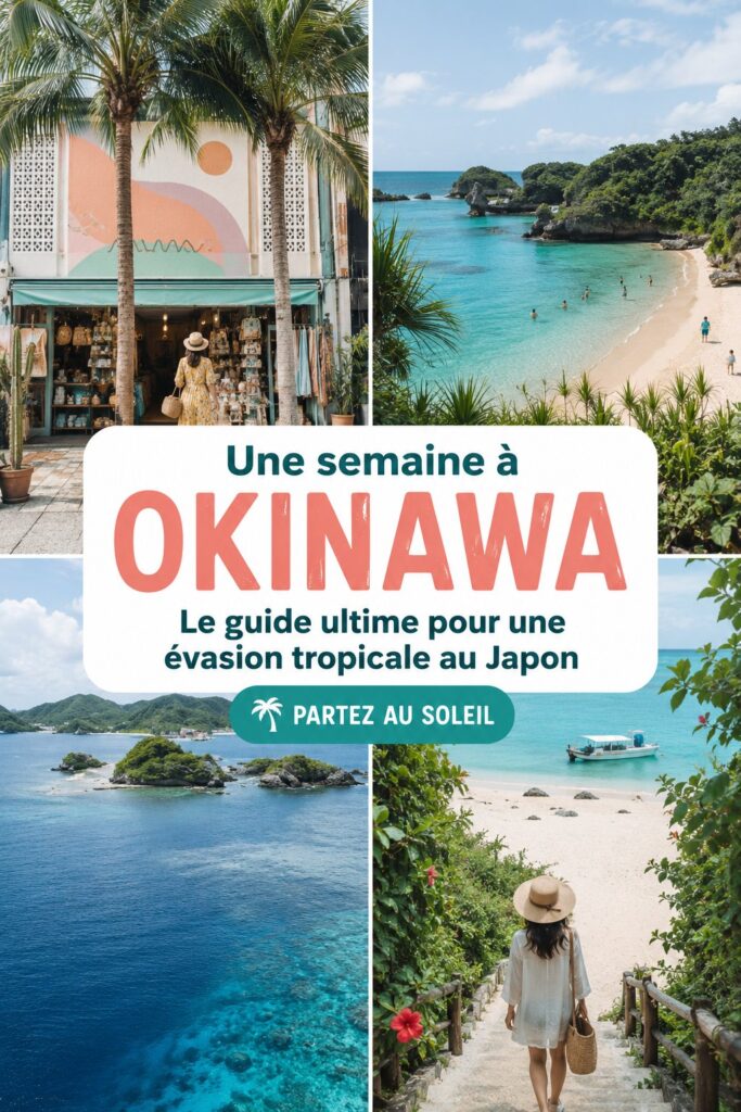 Vue aérienne de la plage d'Okinawa avec ses eaux turquoise, idéale pour les escapades tropicales.