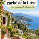 Paysage panoramique de Pelion en Grèce, avec montagnes verdoyantes et mer bleu azur.