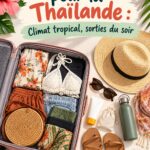Une femme souriante avec une valise ouverte, préparant son voyage en Thaïlande, entourée d'essentiels de voyage.