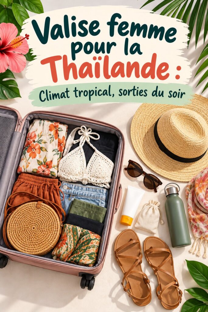Une femme souriante avec une valise ouverte, préparant son voyage en Thaïlande, entourée d'essentiels de voyage.