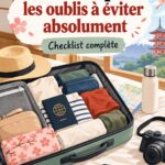Une valise ouverte avec des vêtements et accessoires prêts pour un voyage au Japon.