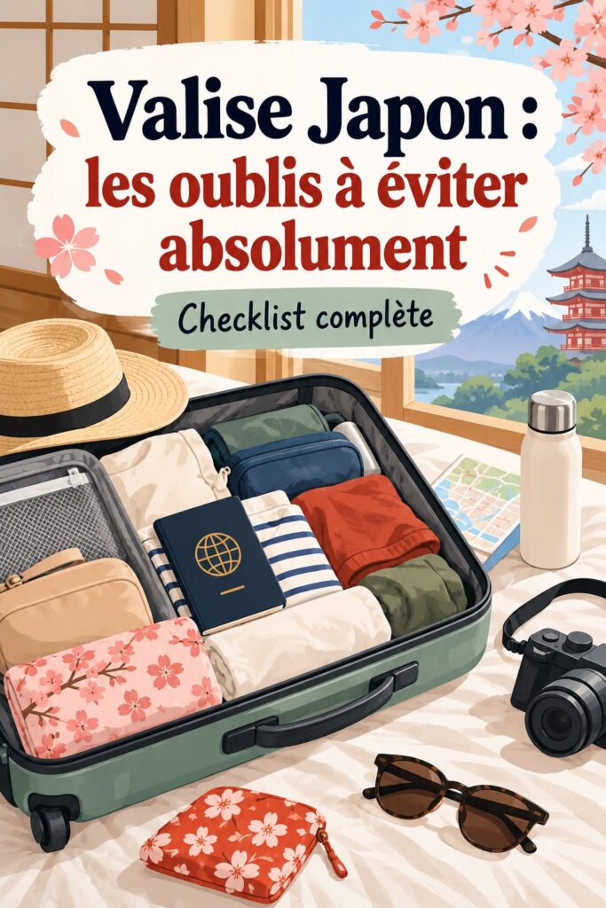 Une valise ouverte avec des vêtements et accessoires prêts pour un voyage au Japon.