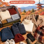 Vêtements et accessoires pour un voyage au Japon en novembre sous un ciel automnal.