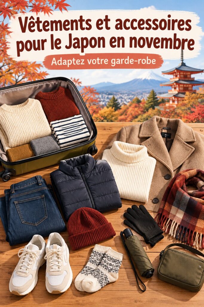 Vêtements et accessoires pour un voyage au Japon en novembre sous un ciel automnal.