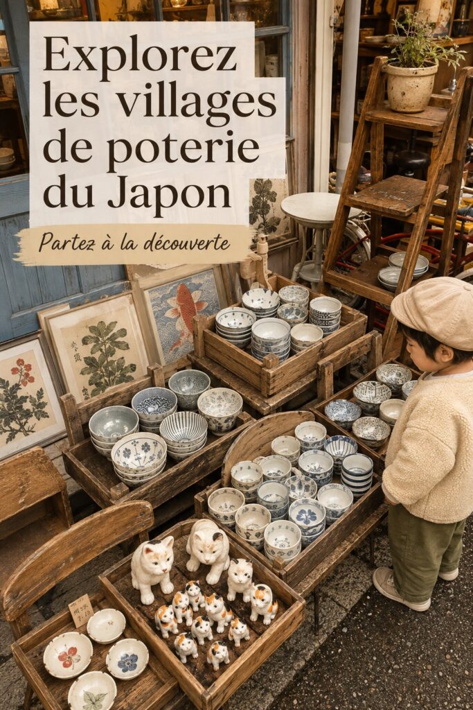 Village de poterie traditionnel au Japon avec des artisans au travail.