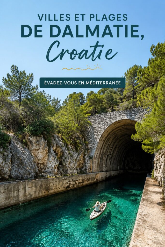 Plage ensoleillée en Dalmatie, Croatie, avec des parasols et des visiteurs heureux.