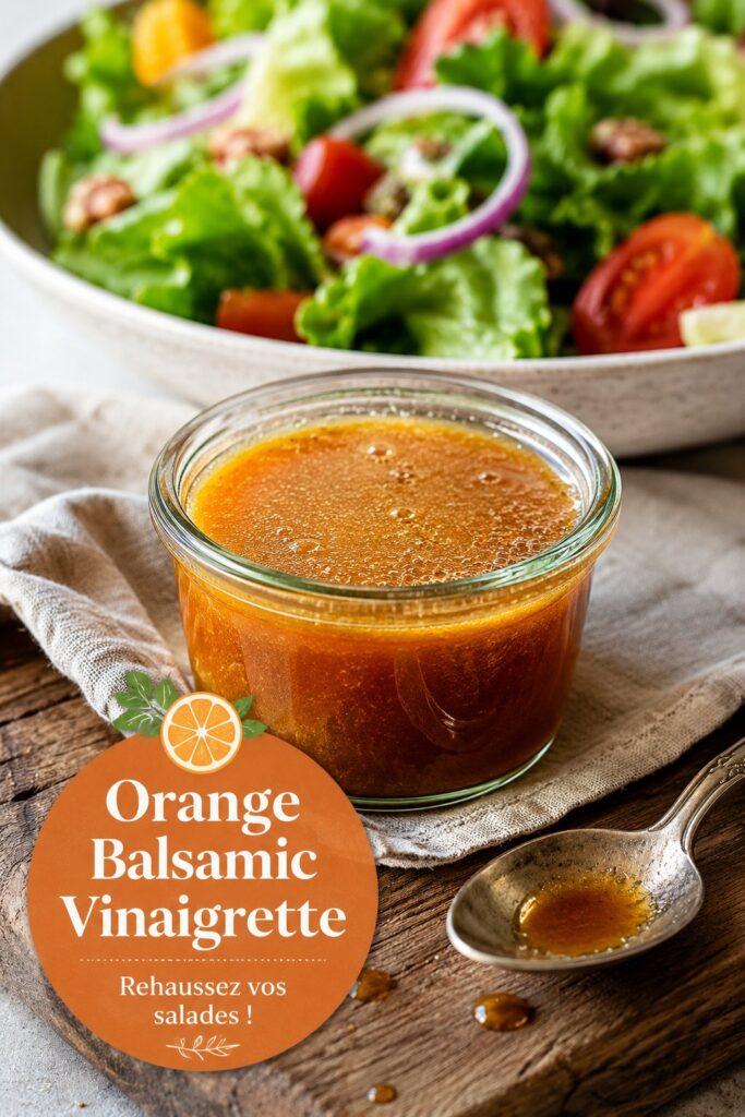 Vinaigrette à l'orange dans un bol avec des agrumes en arrière-plan.