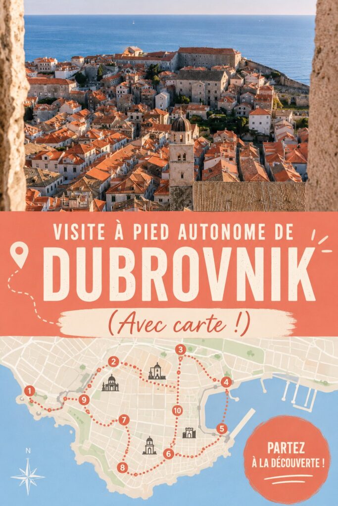 Vue panoramique de Dubrovnik depuis les remparts, montrant ses toits rouges et la mer Adriatique.