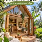 Vue extérieure d'une tiny house minimaliste à Bali, entourée de verdure.