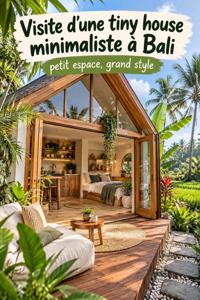 Vue extérieure d'une tiny house minimaliste à Bali, entourée de verdure.