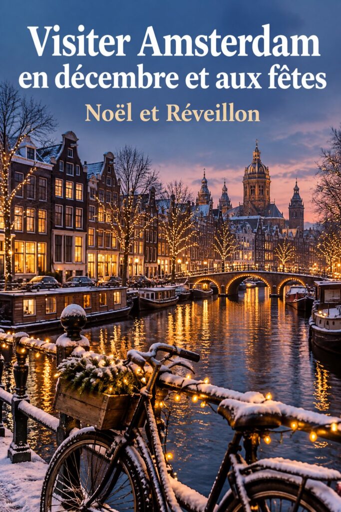 Vue des illuminations de Noël à Amsterdam, créant une ambiance magique en décembre.