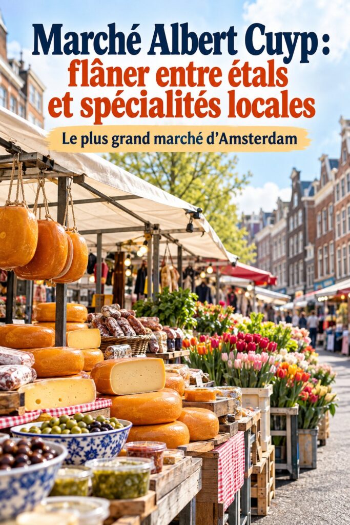 Vue panoramique du marché Albert Cuyp à Amsterdam avec des étals colorés.