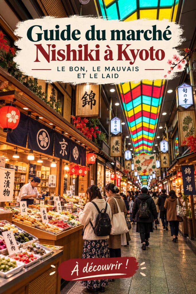 Vue du marché de Nishiki à Kyoto, avec des stands colorés et de la nourriture locale
