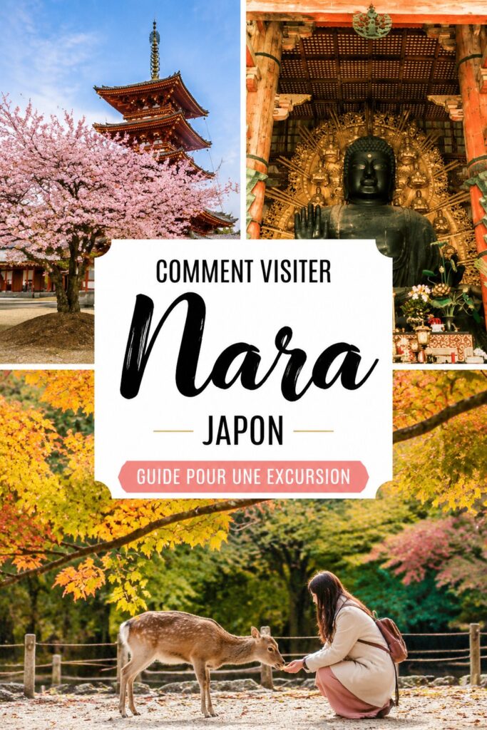 Vue panoramique du parc de Nara avec des cerfs en liberté et des temples en arrière-plan.