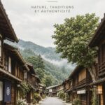 Vue panoramique de la vallée de Kiso avec ses montagnes et ses villages traditionnels
