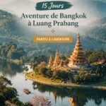 Un paysage magnifique du Laos avec des montagnes verdoyantes et un coucher de soleil.