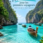 Paysage emblématique de la Thaïlande avec temples et palmiers.