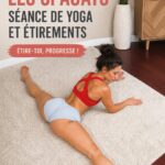 Femme pratiquant le yoga pour atteindre les grands écarts sur une plage en Croatie.